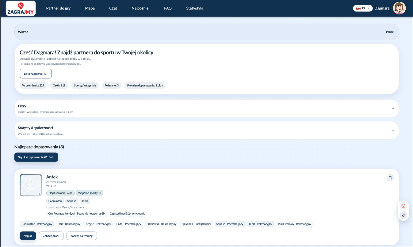 Widok listy dopasowań w ZagrajMy