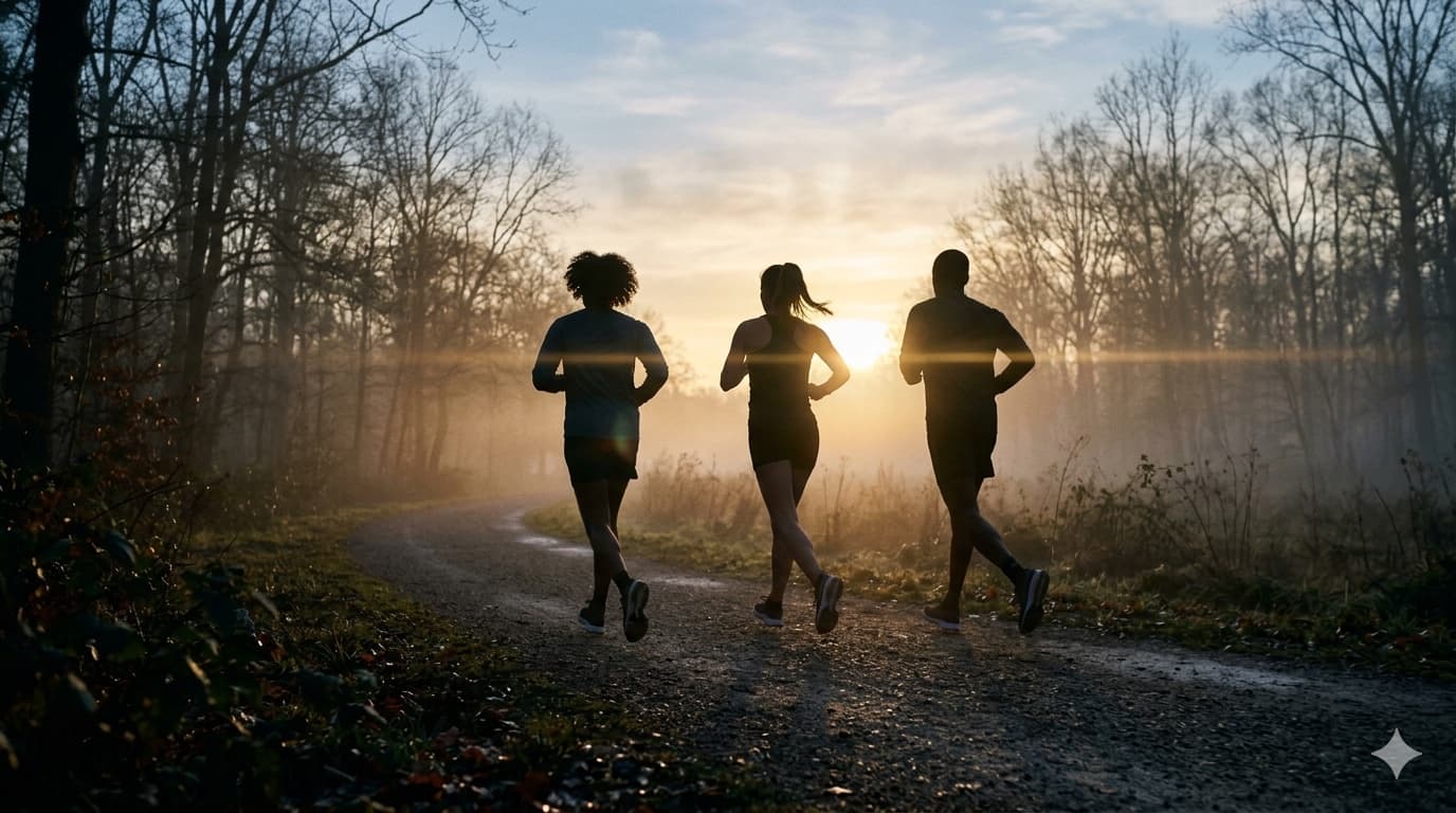 Sportowcy biegnący o świcie w mglistym parku
