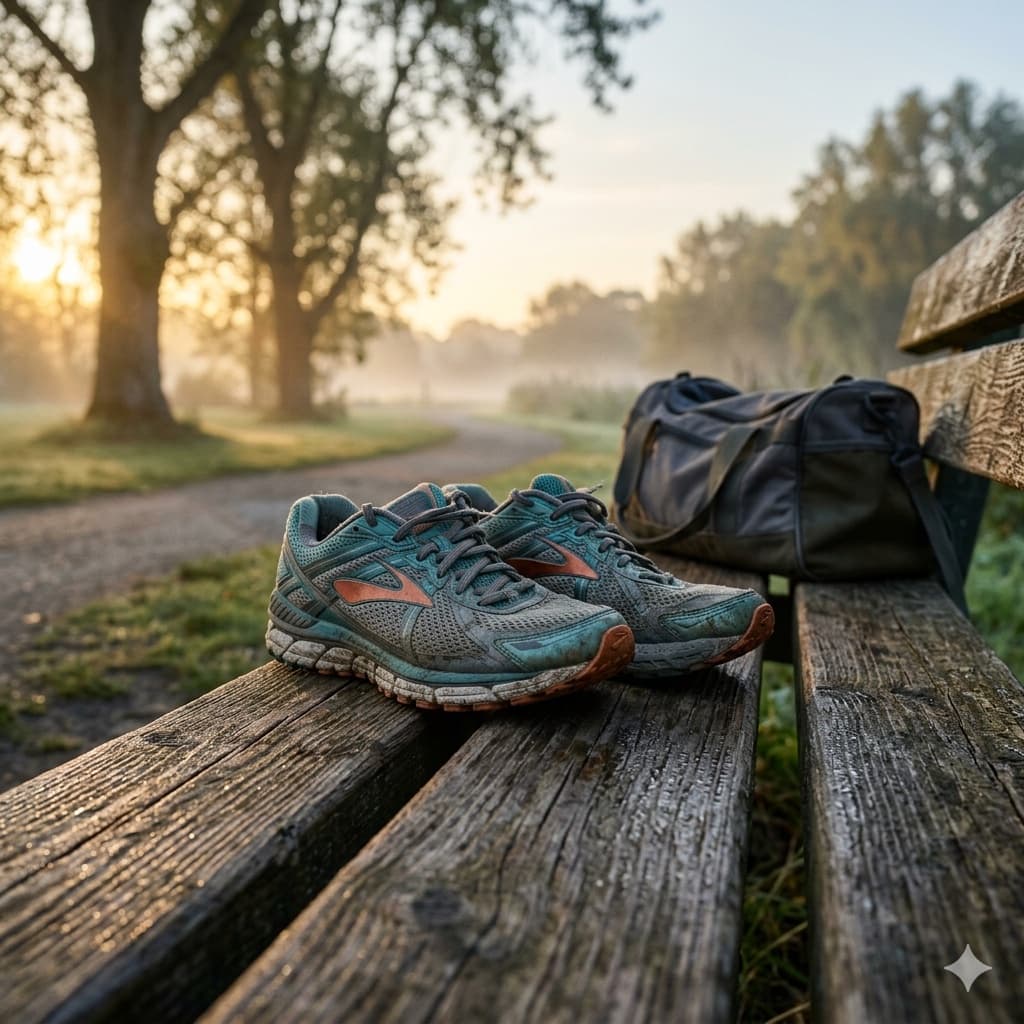 Buty biegowe na drewnianej ławce w parku o świcie